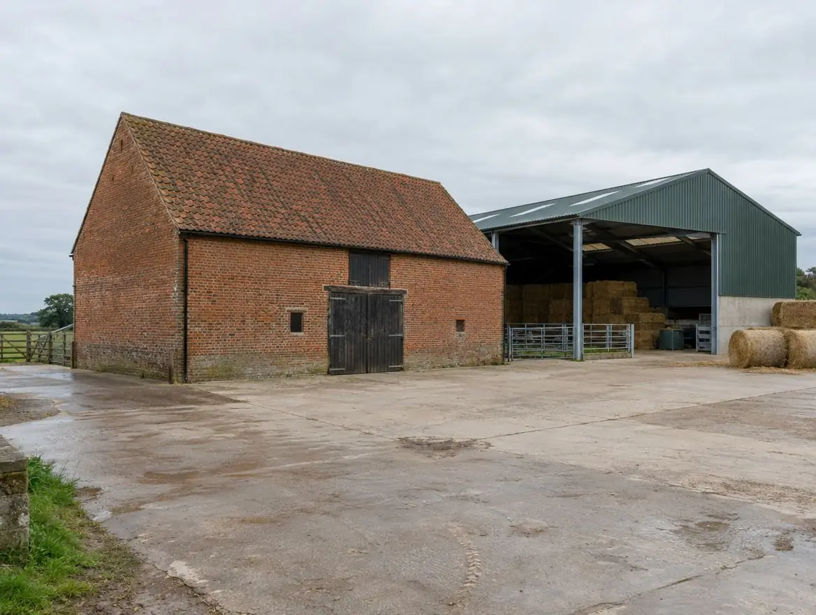 Traditional red-brick barn beside a modern green steel agricultural building in a farmyard