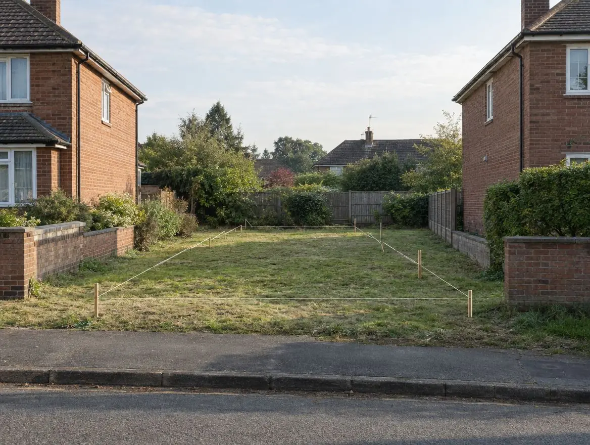 Empty building plot between two brick houses marked out with stakes and string