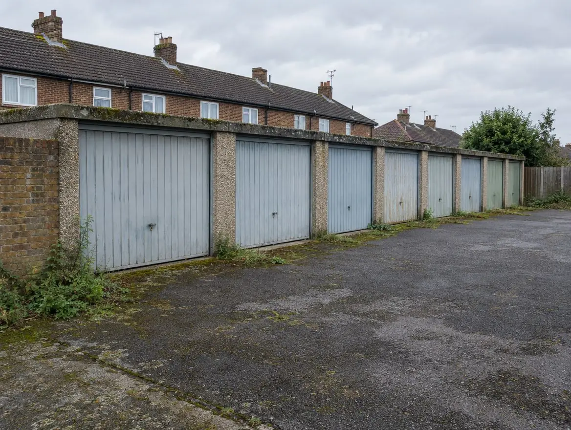 Row of old lock-up garages with up-and-over doors around a tarmac court