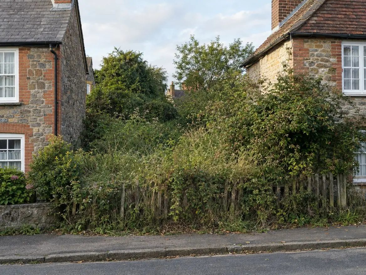 Overgrown gap site between two stone-and-brick cottages on a village street