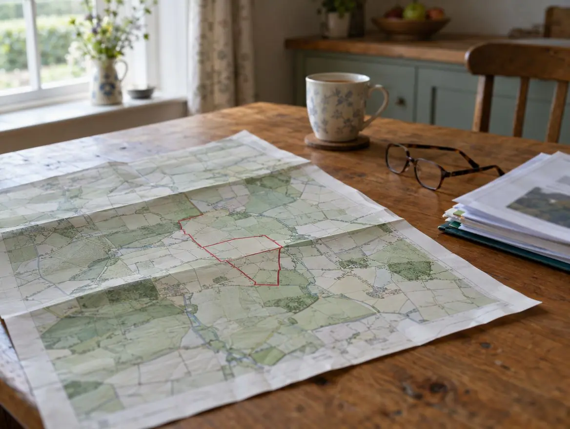 Farmhouse kitchen table with a map showing a parcel edged in red, a mug and papers