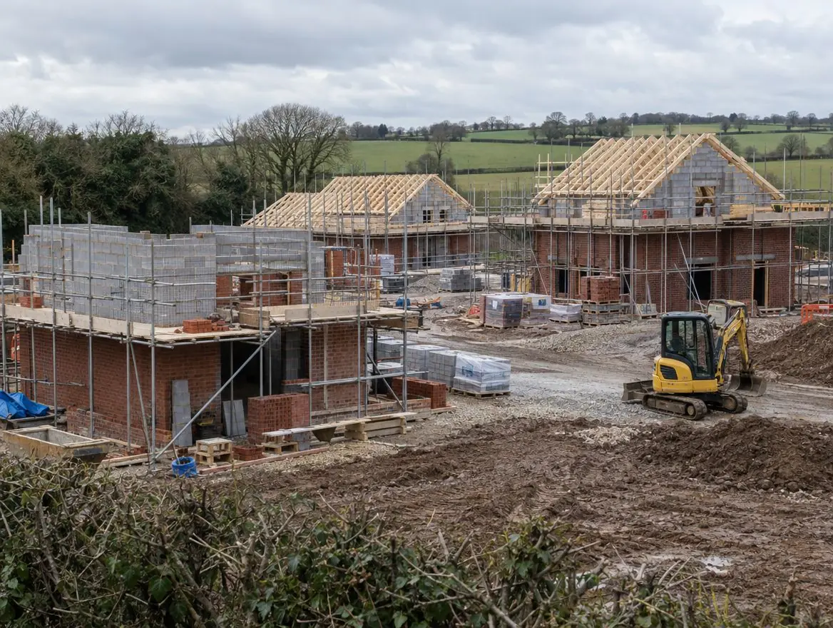 New homes under construction with scaffolding and roof trusses on a former field