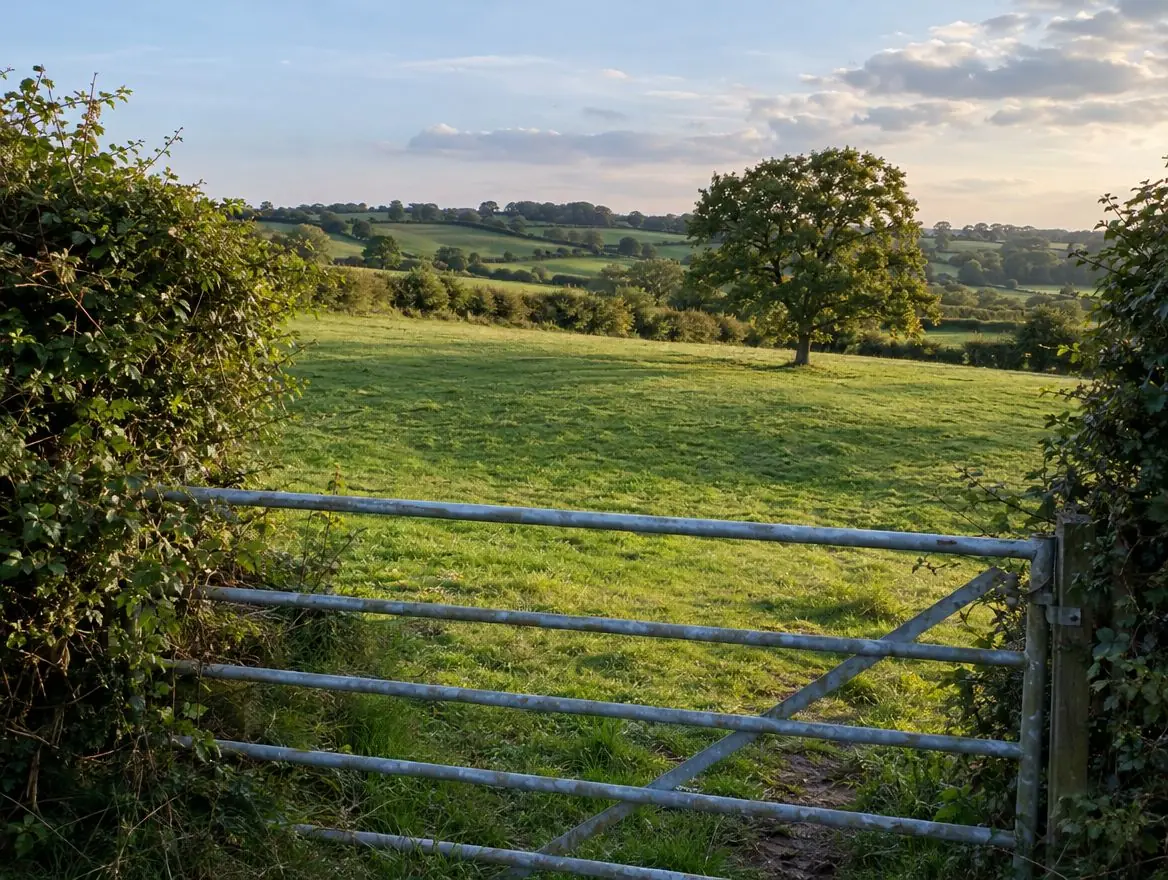 Rolling pasture field seen over a galvanised five-bar gate with an oak tree beyond