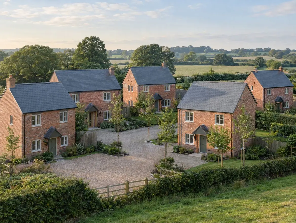 Small group of new brick homes with slate roofs on the edge of a village